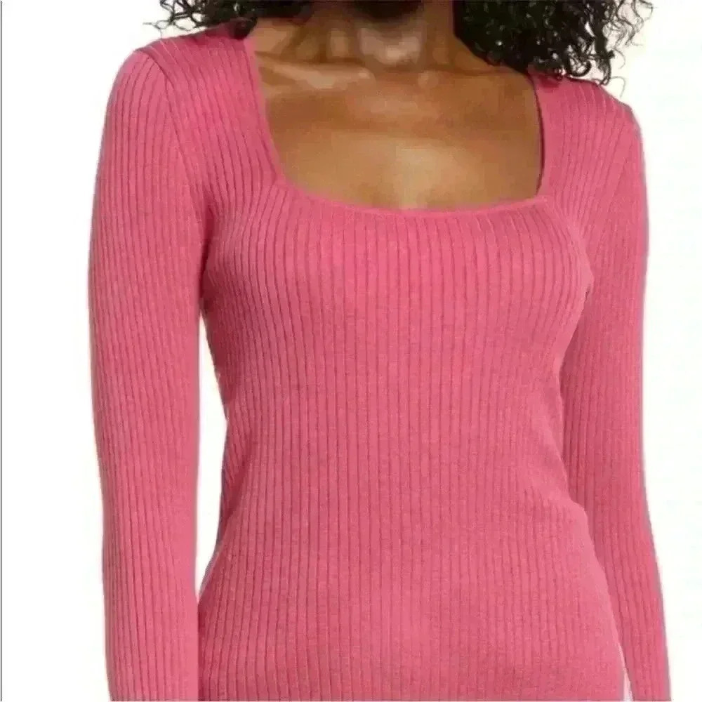 Open Edit Rib Scoop Neck Sweater in Pink Malaga Size XXS NWT